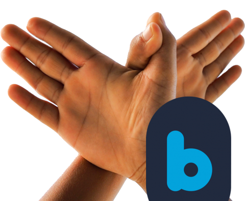 Hands making bird shape with logo